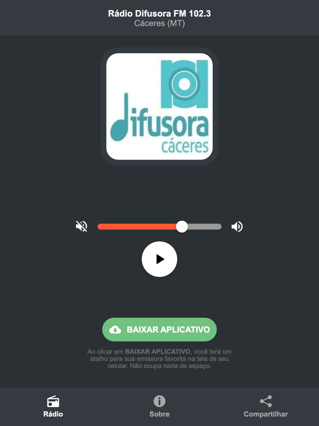 Screenshot do aplicativo da Rádio Difusora FM 102.3