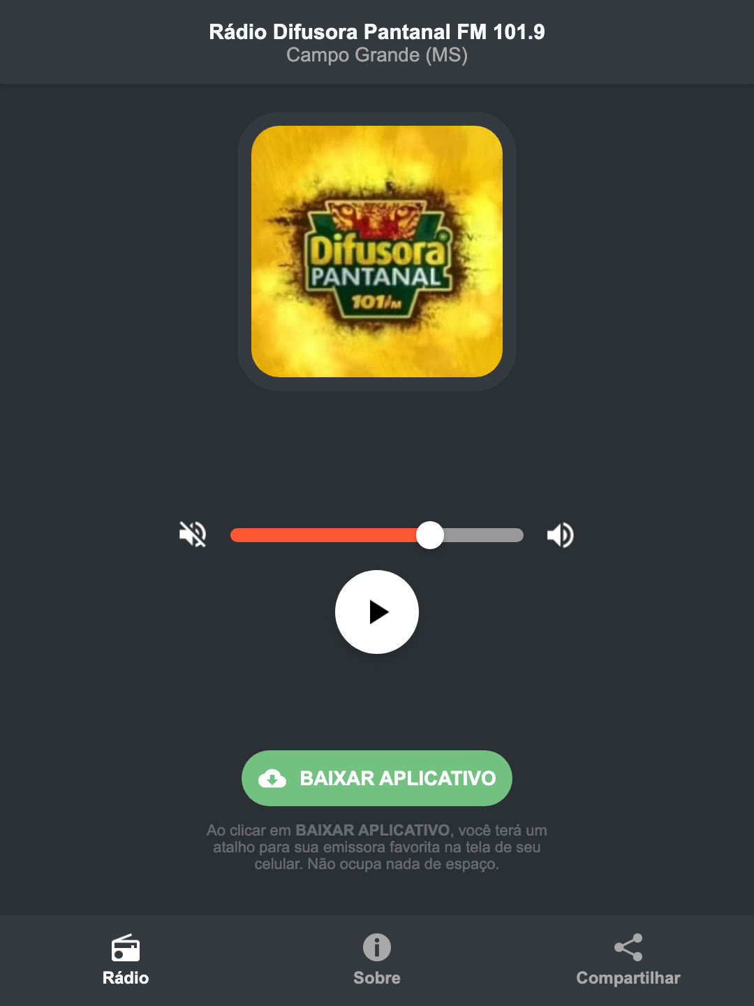 Screenshot do aplicativo da Rádio Difusora Pantanal FM 101.9