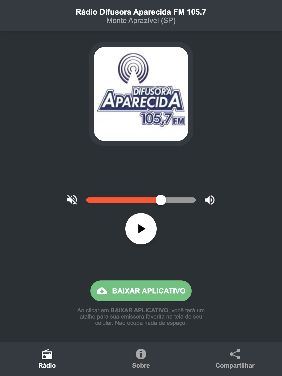 Screenshot do aplicativo da Rádio Difusora Aparecida FM 105.7