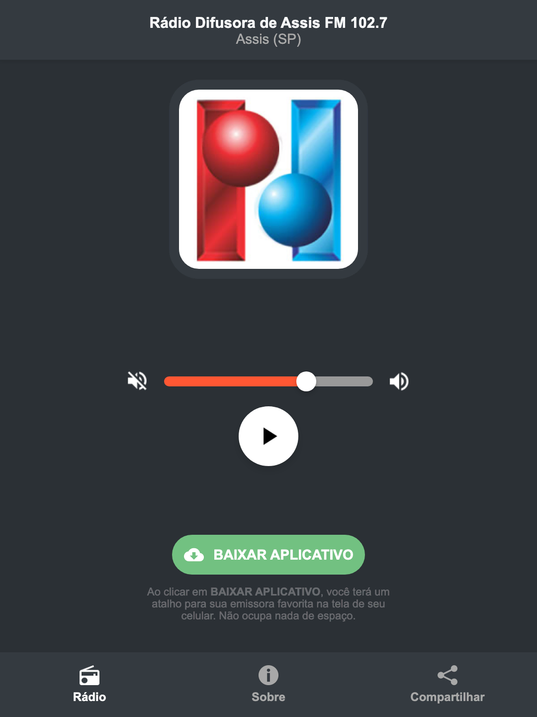 Screenshot do aplicativo da Rádio Difusora de Assis FM 102.7