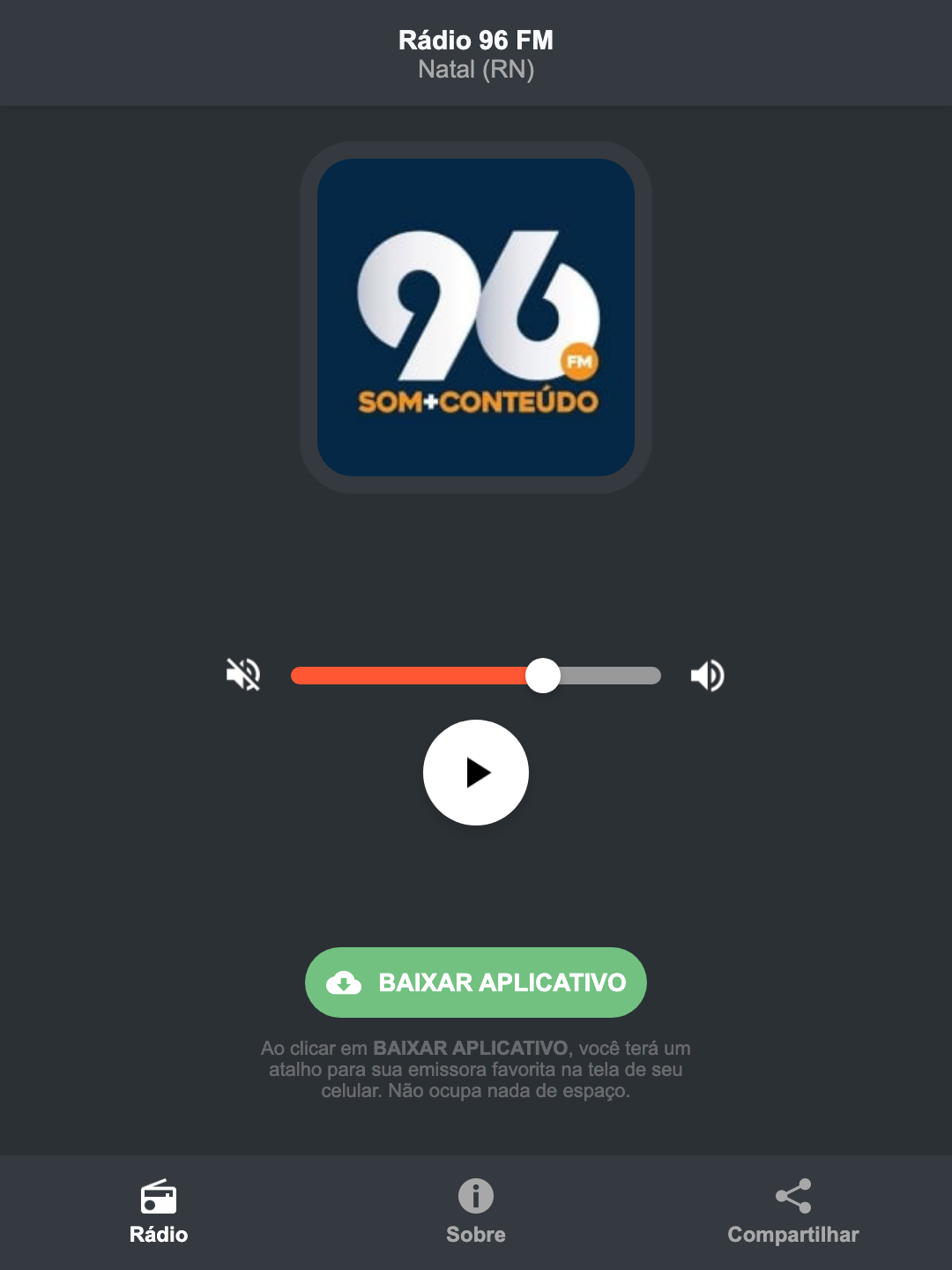 Screenshot do aplicativo da Rádio 96 FM