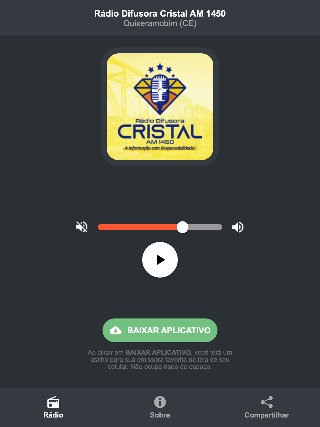 Screenshot do aplicativo da Rádio Difusora Cristal AM 1450
