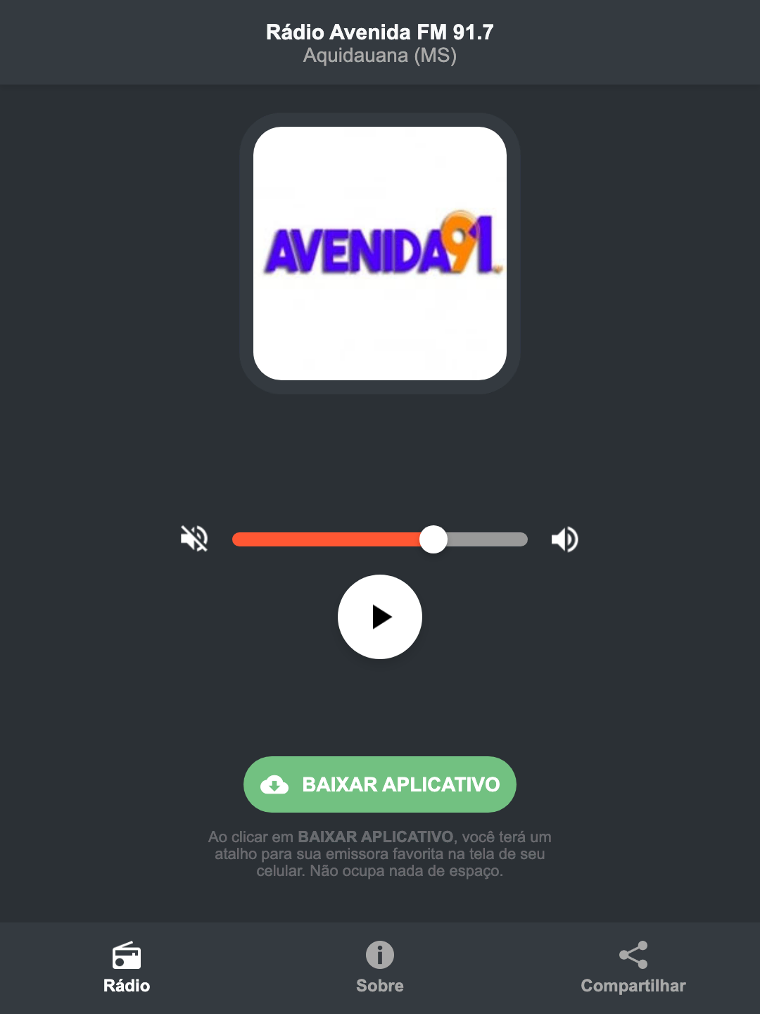 Screenshot do aplicativo da Rádio Avenida FM 91.7