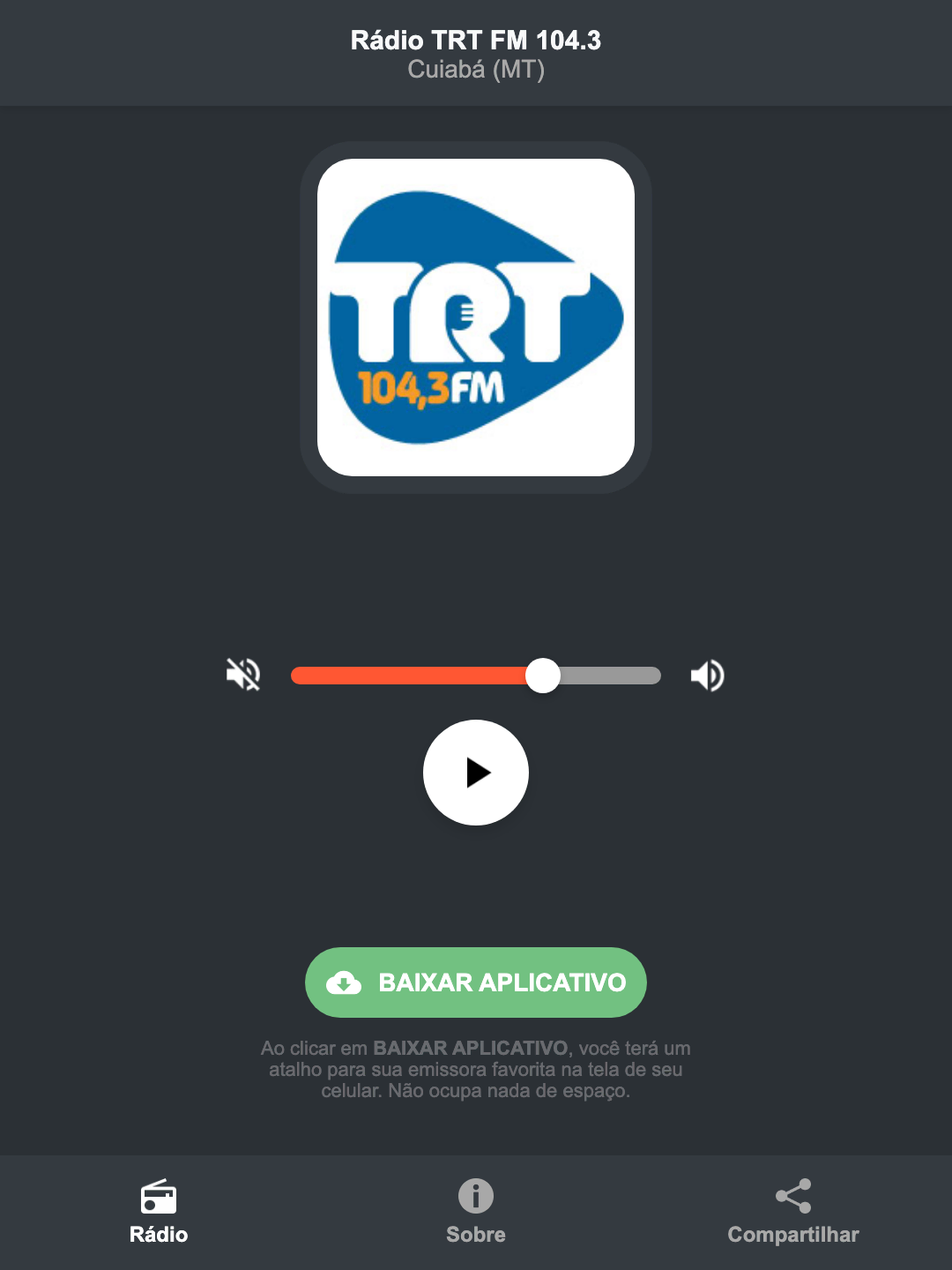 Screenshot do aplicativo da Rádio TRT FM 104.3