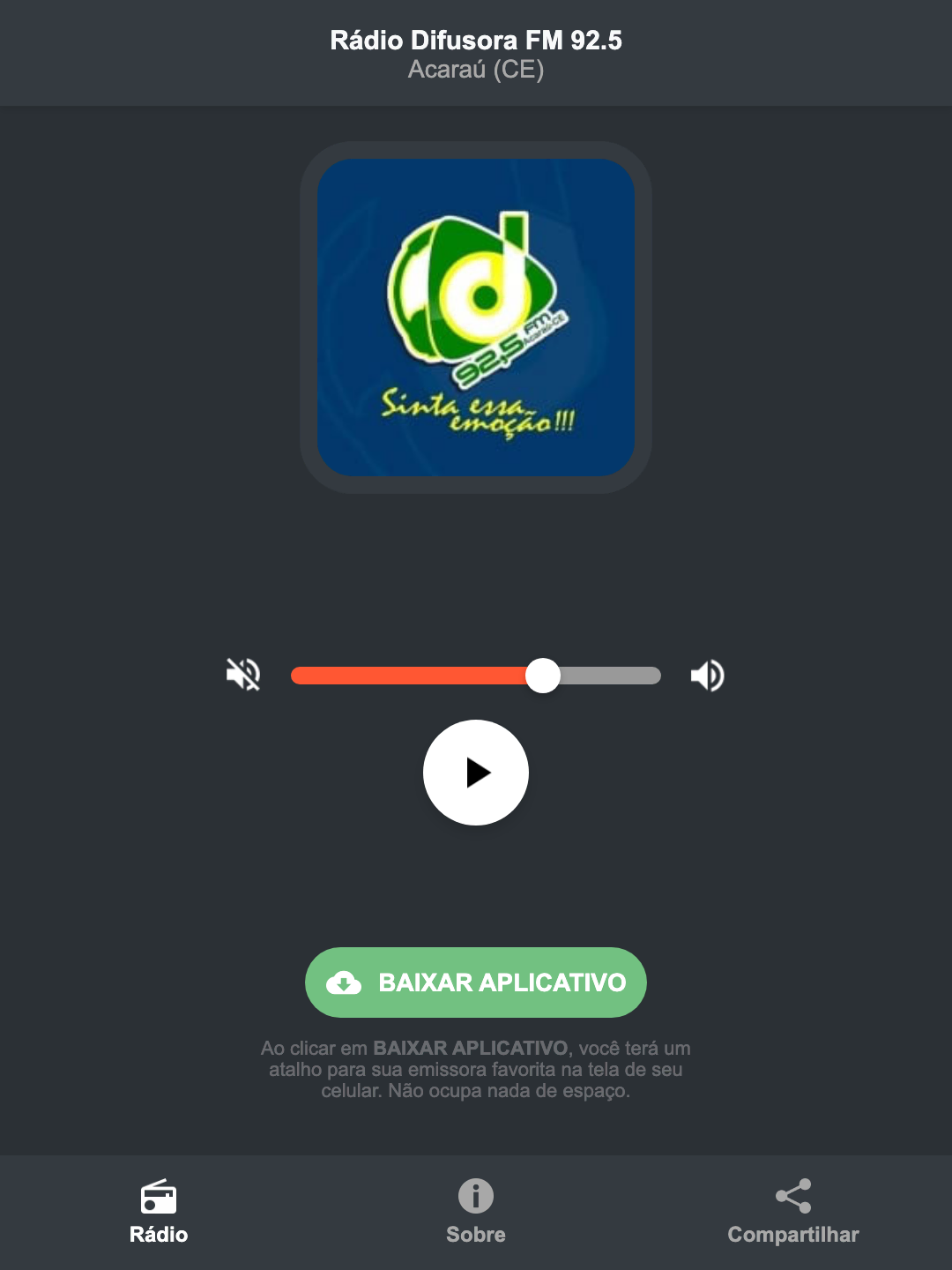 Screenshot do aplicativo da Rádio Difusora FM 92.5
