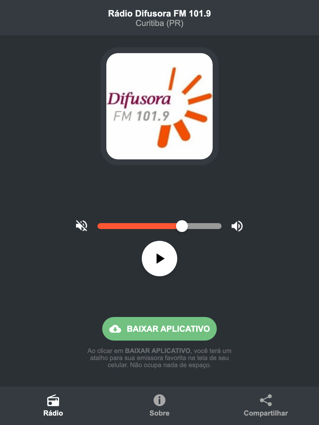 Screenshot do aplicativo da Rádio Difusora FM 101.9