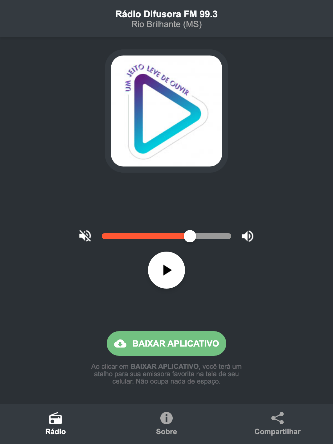 Screenshot do aplicativo da Rádio Difusora FM 99.3