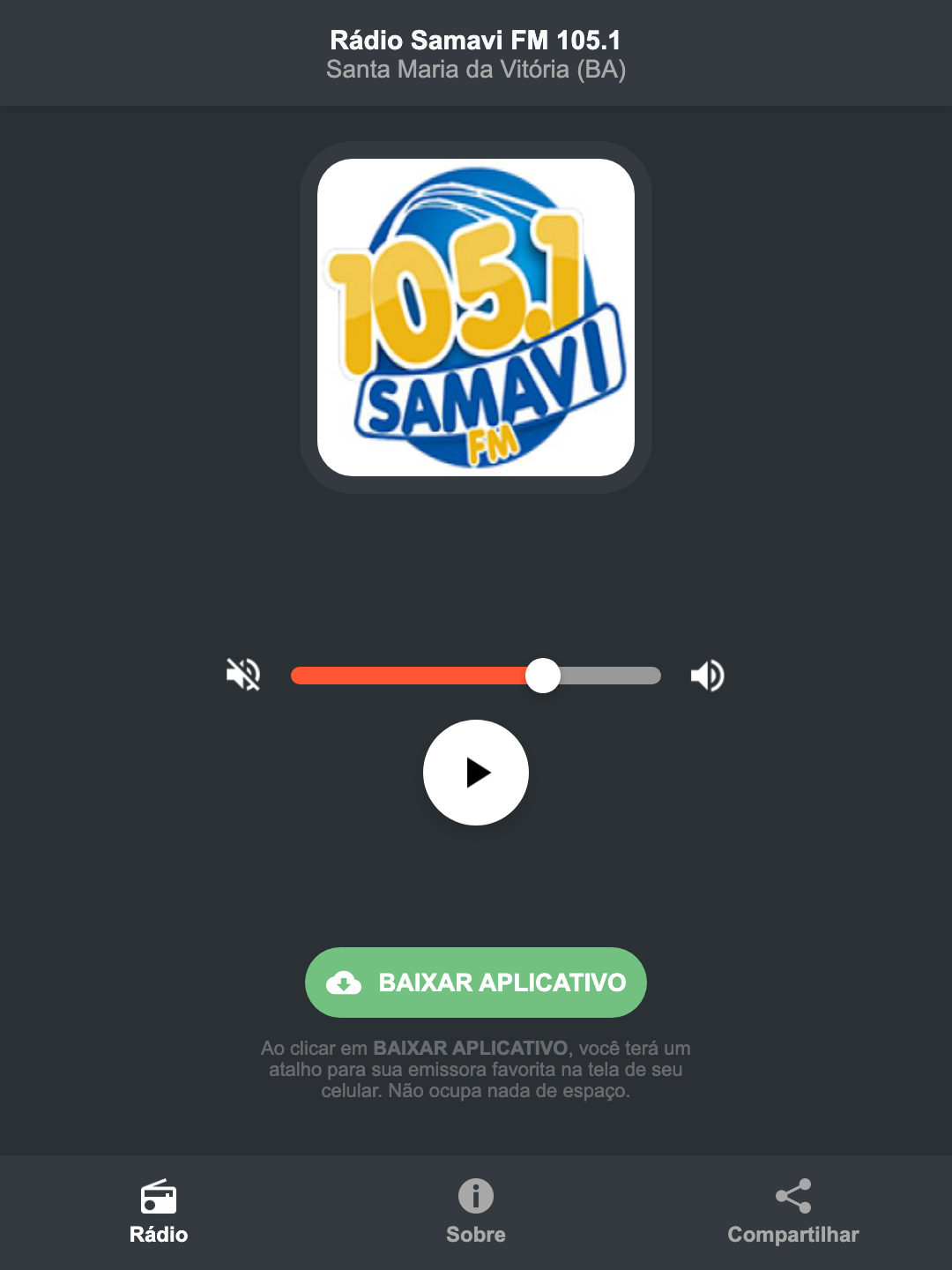 Screenshot do aplicativo da Rádio Samavi FM 105.1