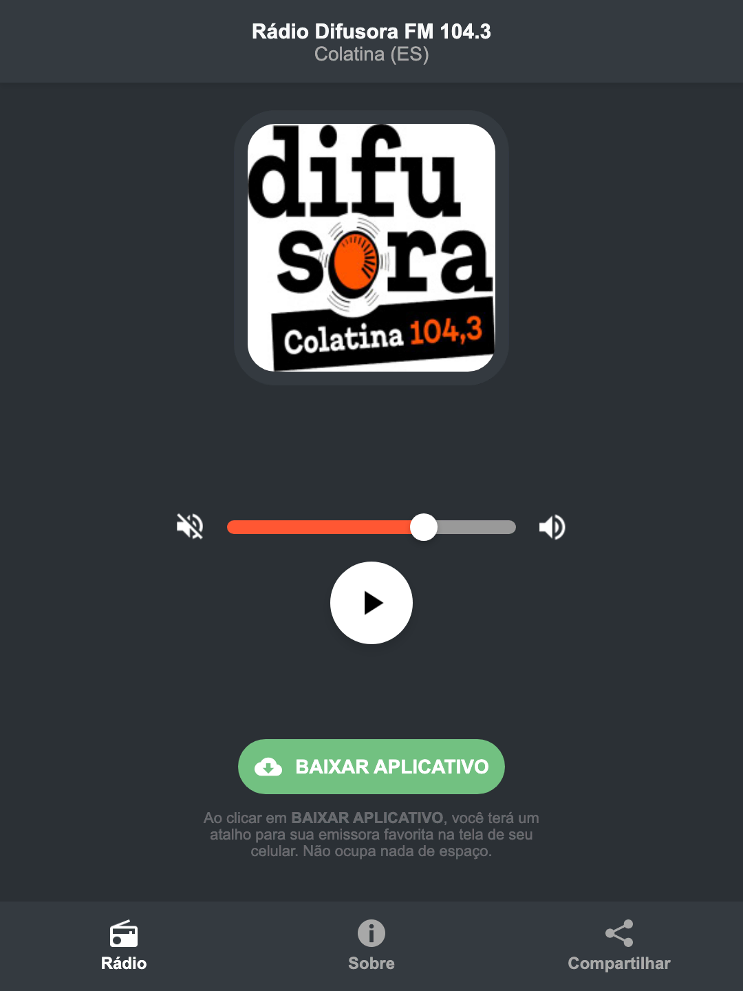 Screenshot do aplicativo da Rádio Difusora FM 104.3