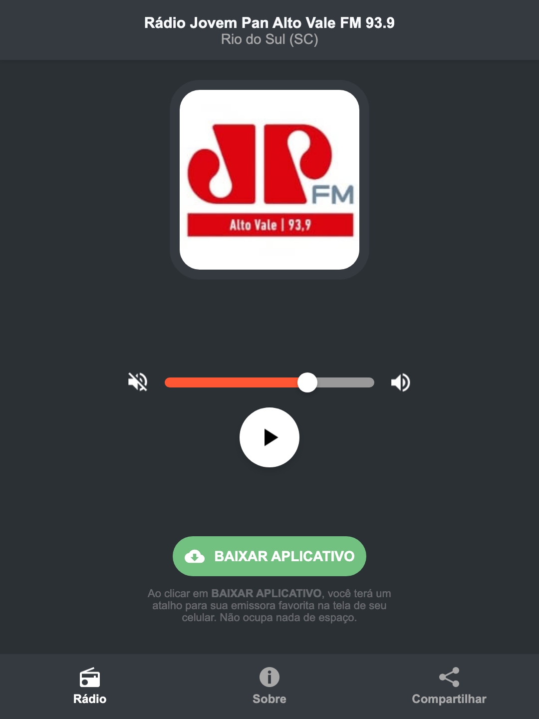 Screenshot do aplicativo da Rádio Jovem Pan Alto Vale FM 93.9
