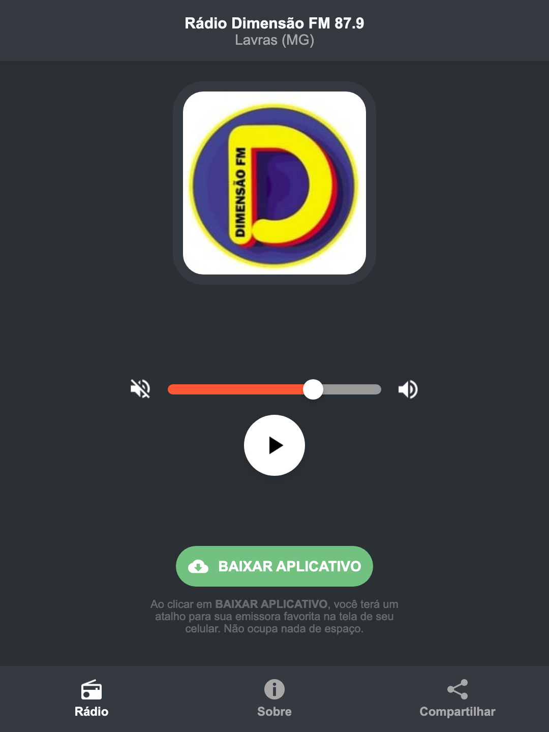 Screenshot do aplicativo da Rádio Dimensão FM 87.9