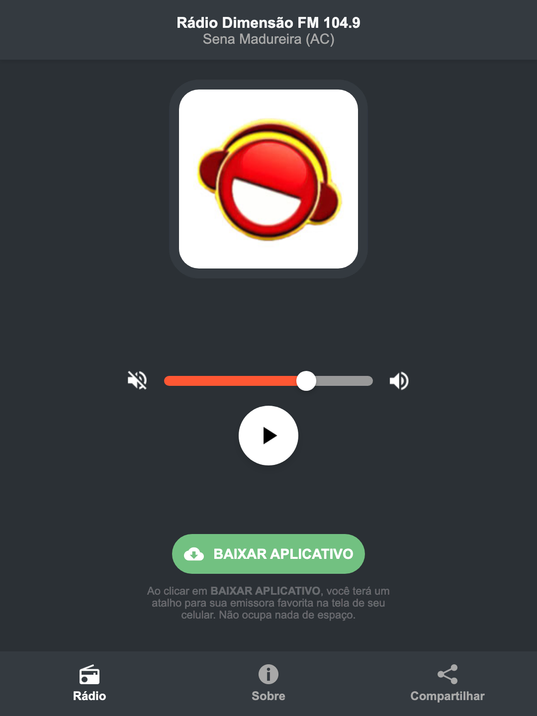 Screenshot do aplicativo da Rádio Dimensão FM 104.9