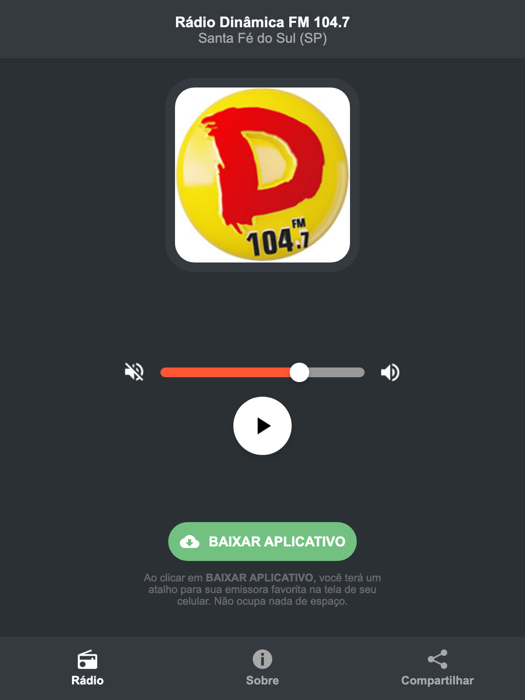 Screenshot do aplicativo da Rádio Dinâmica FM 104.7