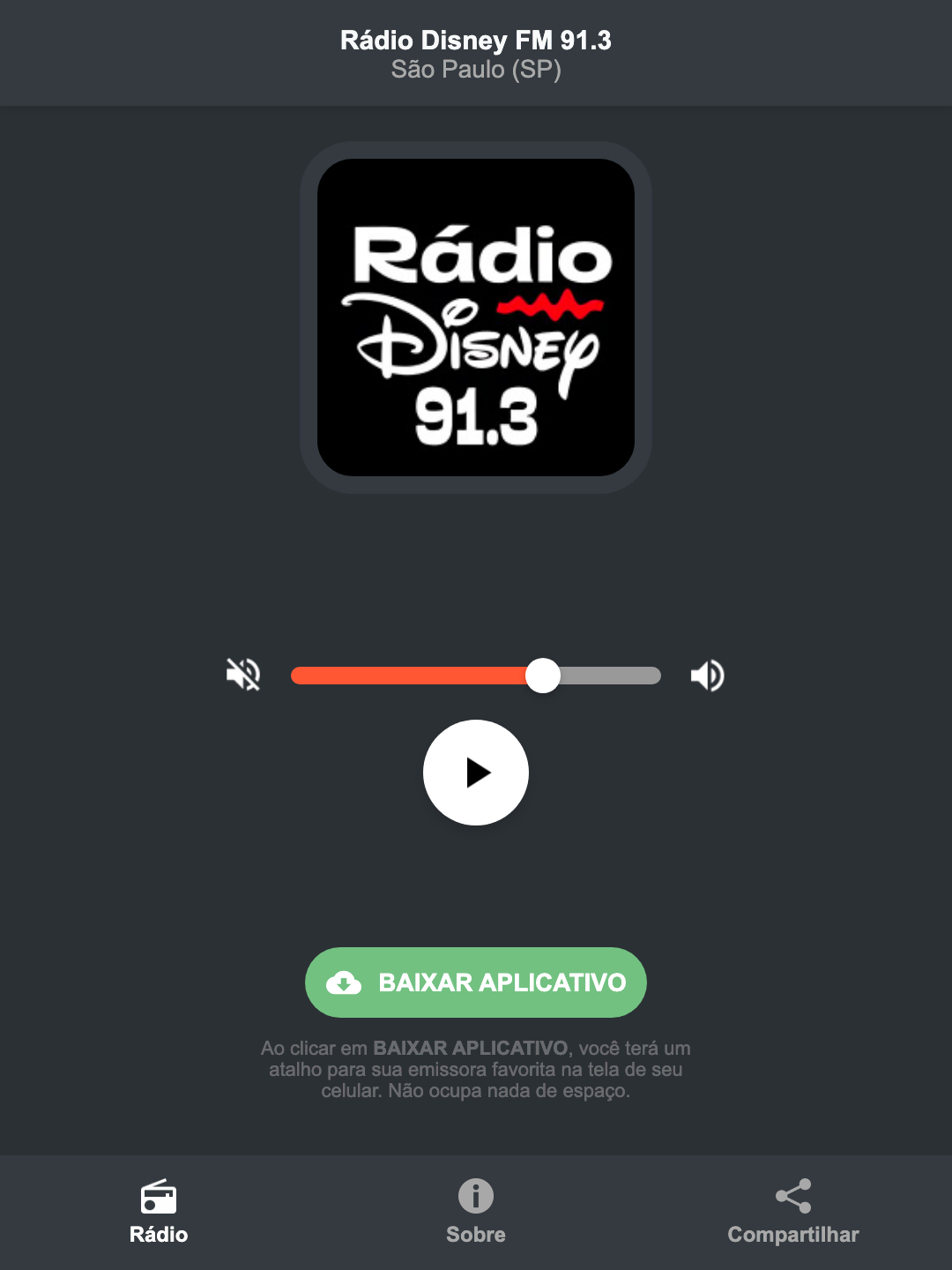 Screenshot do aplicativo da Rádio Disney FM 91.3