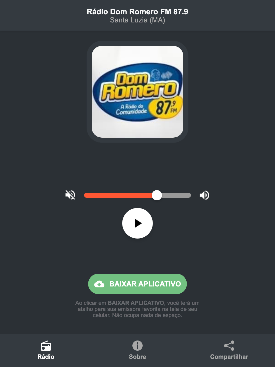 Screenshot do aplicativo da Rádio Dom Romero FM 87.9