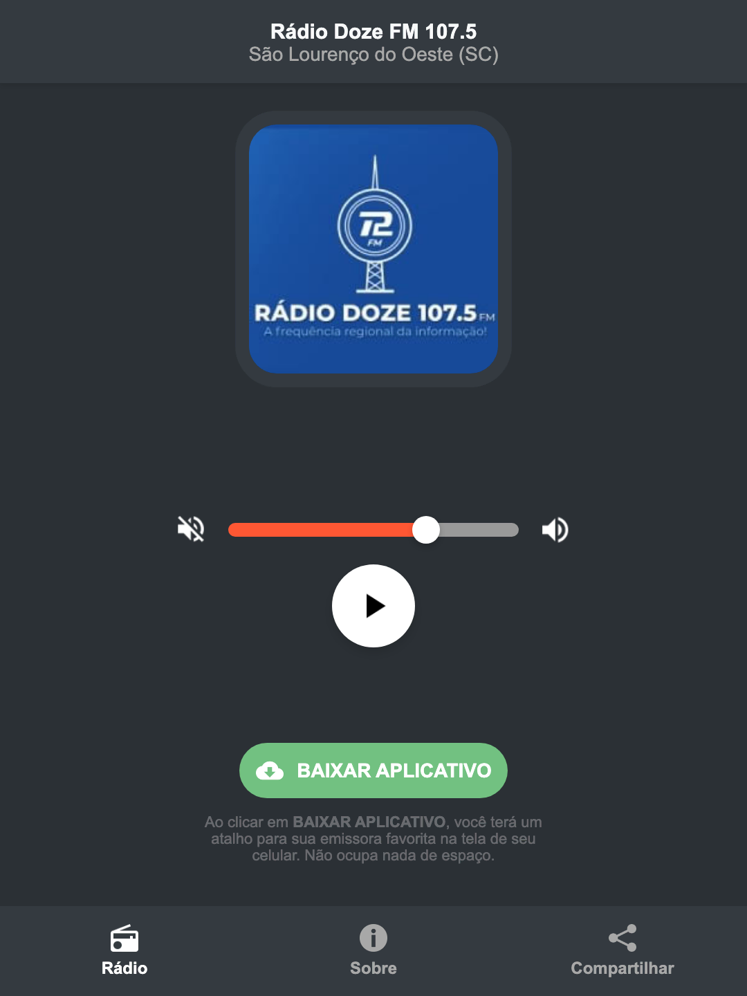 Screenshot do aplicativo da Rádio Doze FM 107.5