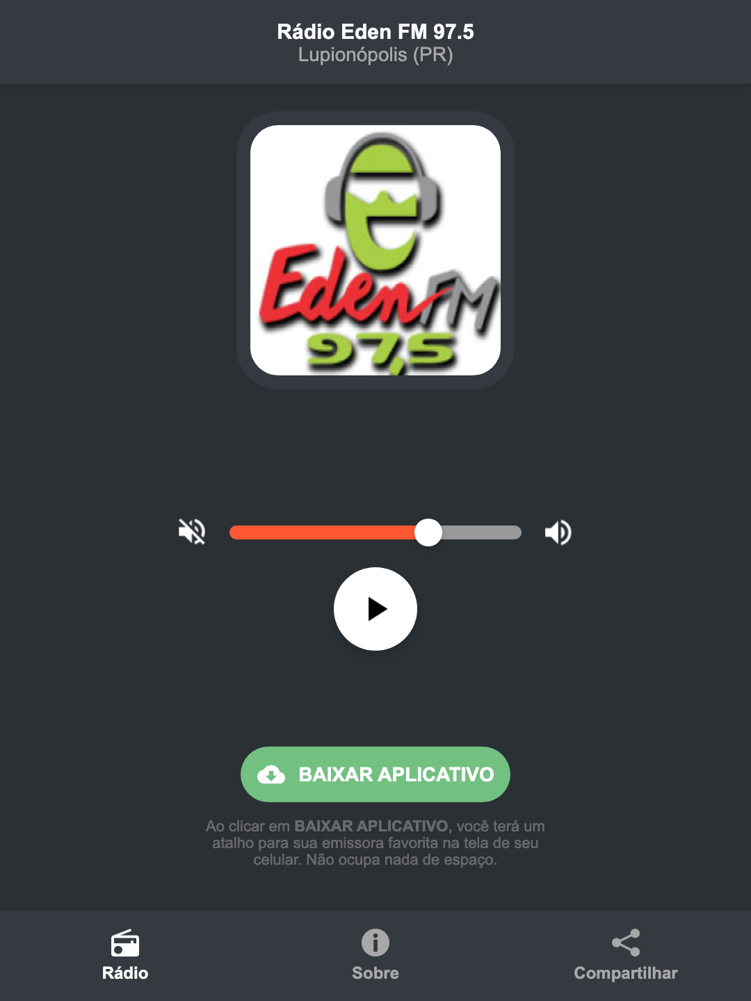 Screenshot do aplicativo da Rádio Eden FM 97.5
