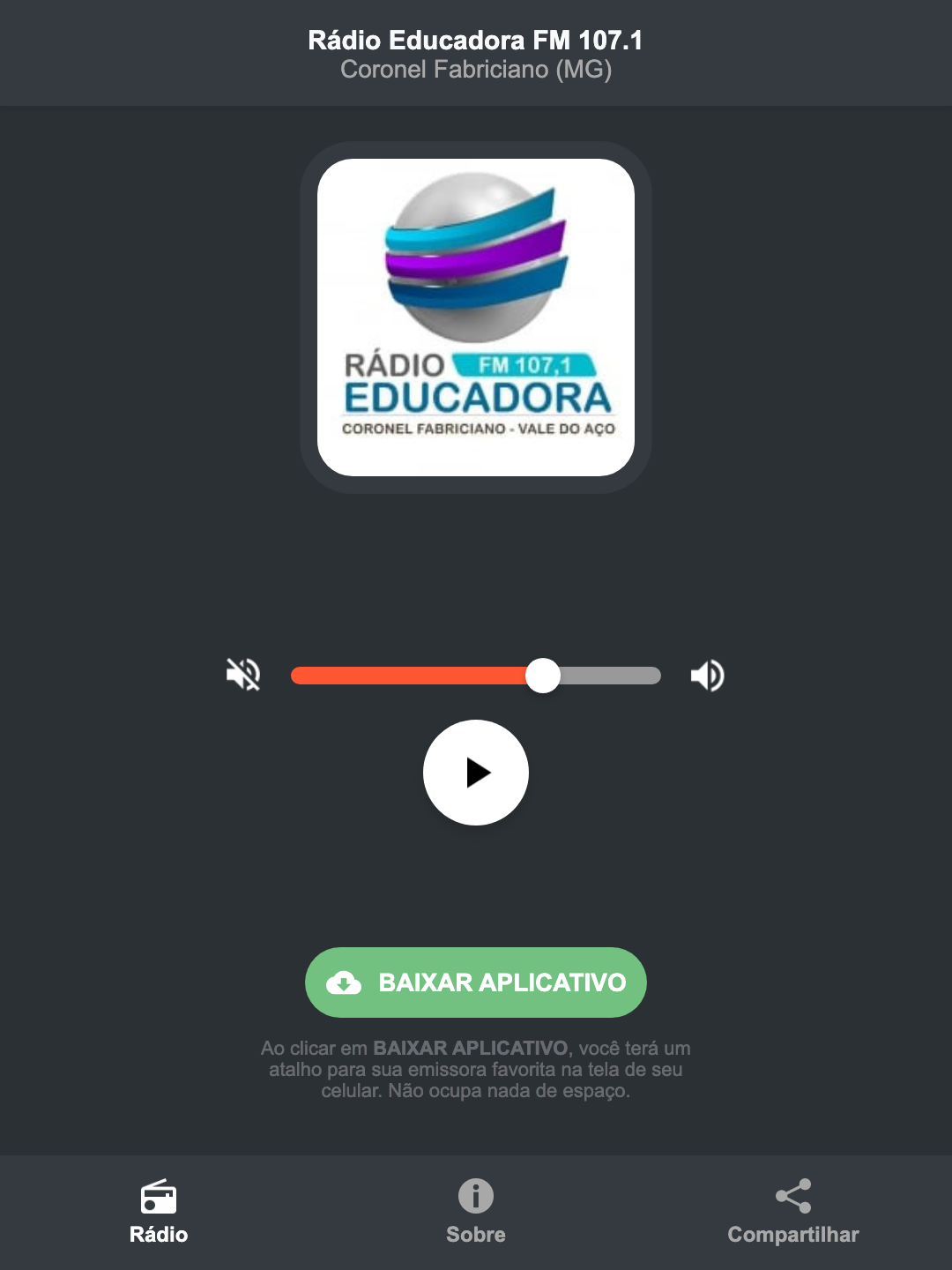 Screenshot do aplicativo da Rádio Educadora FM 107.1