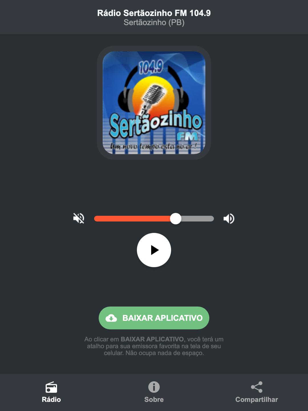 Screenshot do aplicativo da Rádio Sertãozinho FM 104.9