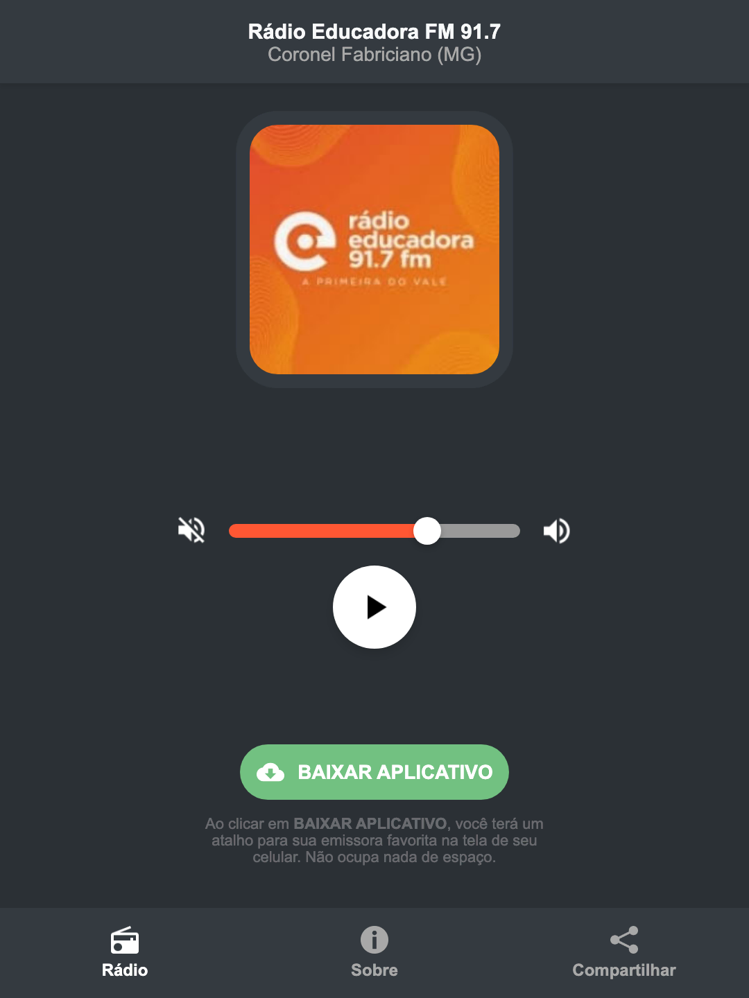 Screenshot do aplicativo da Rádio Educadora FM 91.7