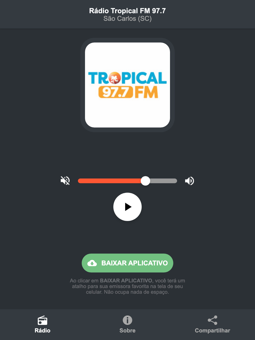 Screenshot do aplicativo da Rádio Tropical FM 97.7