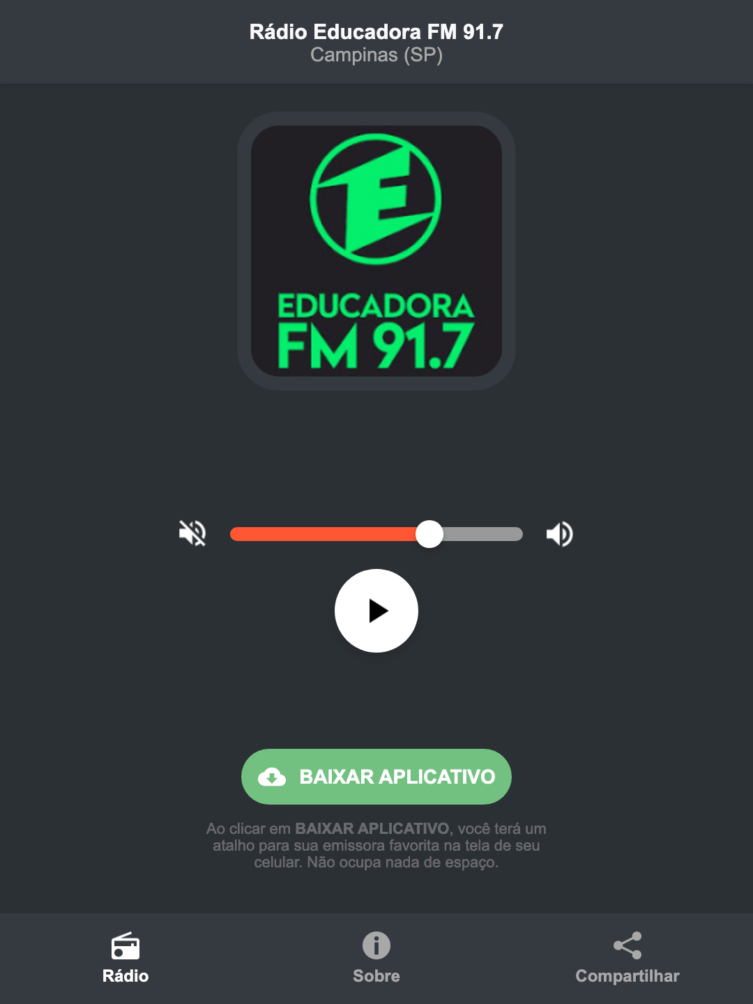 Screenshot do aplicativo da Rádio Educadora FM 91.7