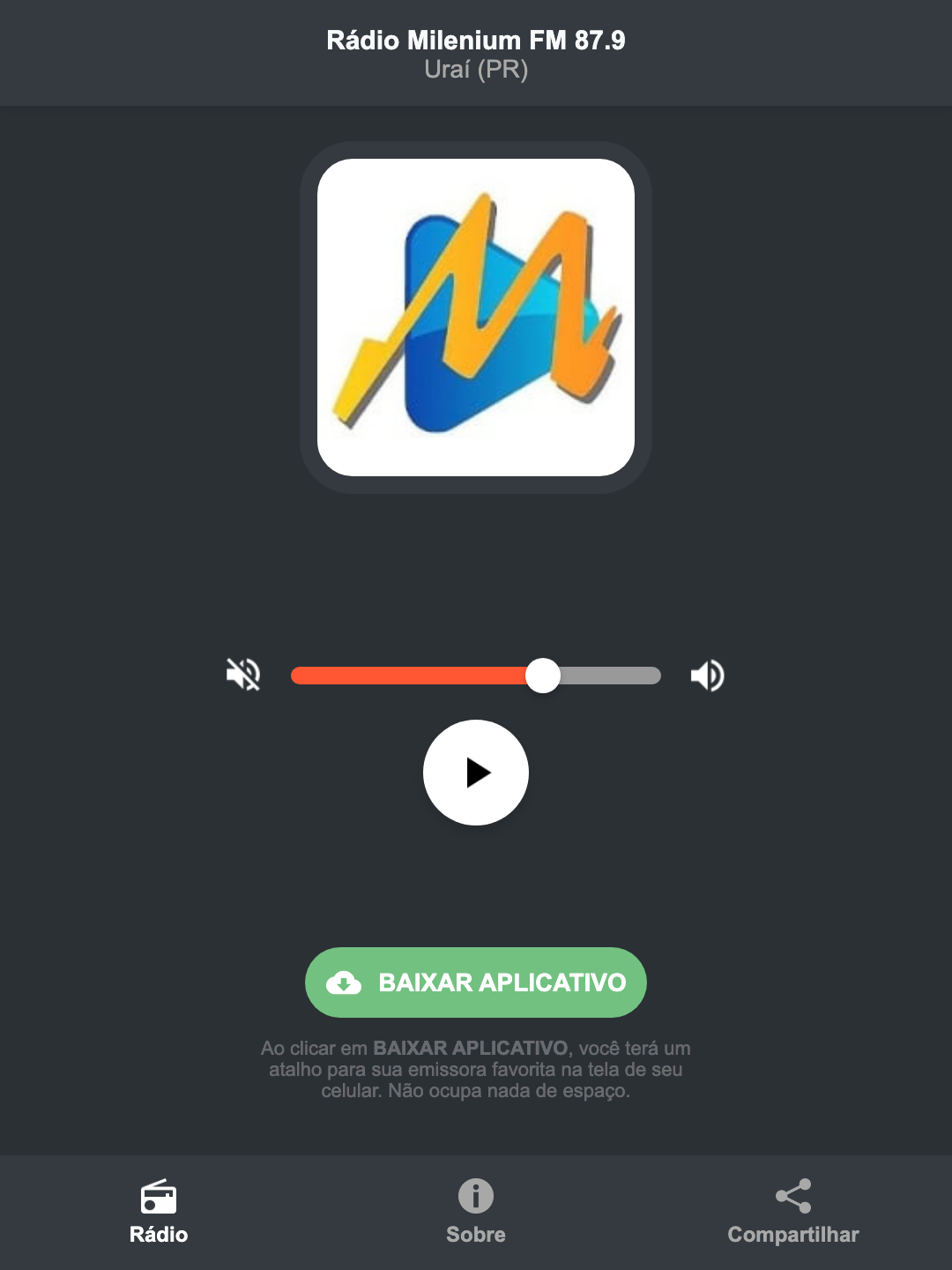 Screenshot do aplicativo da Rádio Milenium FM 87.9