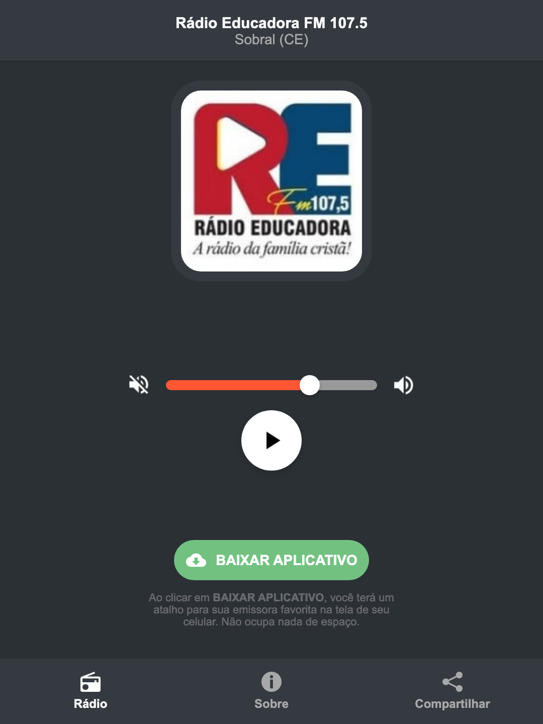 Screenshot do aplicativo da Rádio Educadora FM 107.5