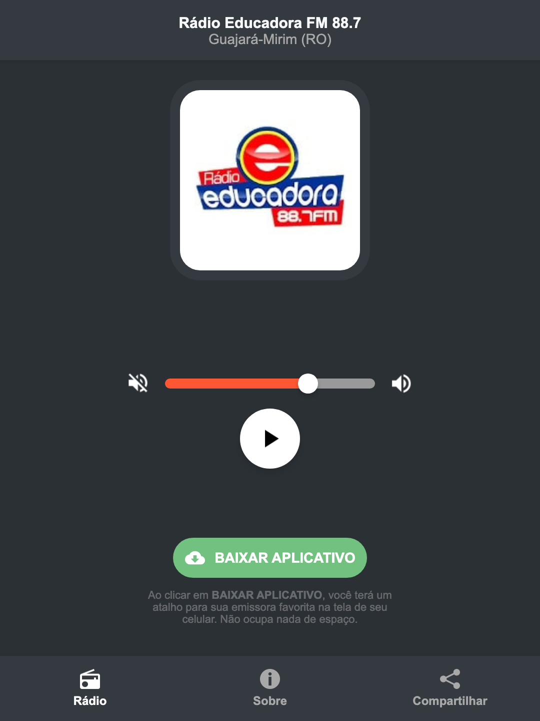 Screenshot do aplicativo da Rádio Educadora FM 88.7