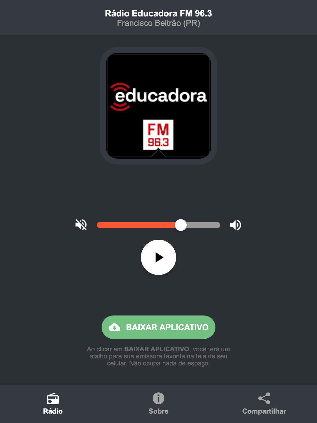 Screenshot do aplicativo da Rádio Educadora FM 96.3