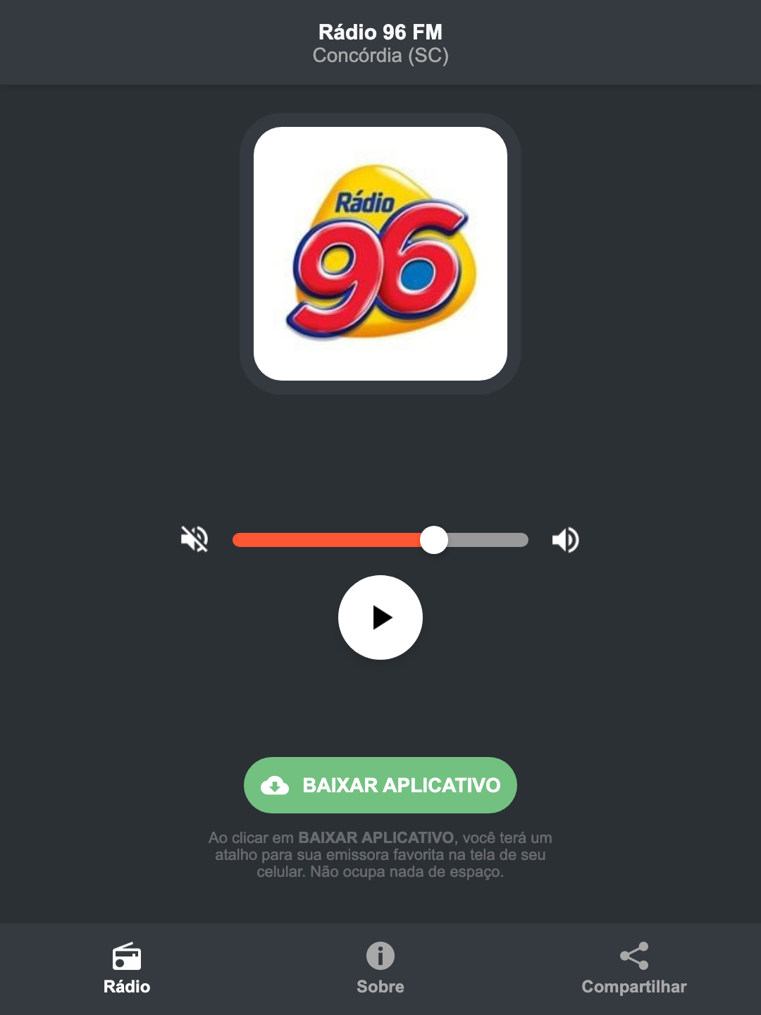 Screenshot do aplicativo da Rádio 96 FM
