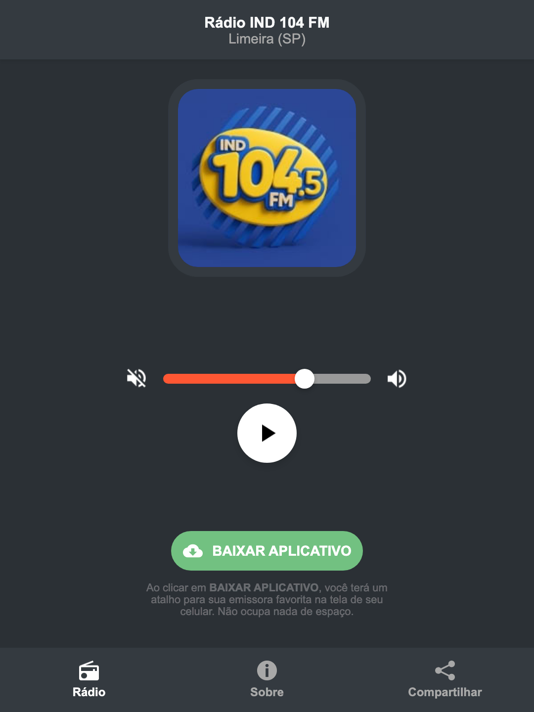 Screenshot do aplicativo da Rádio IND 104 FM