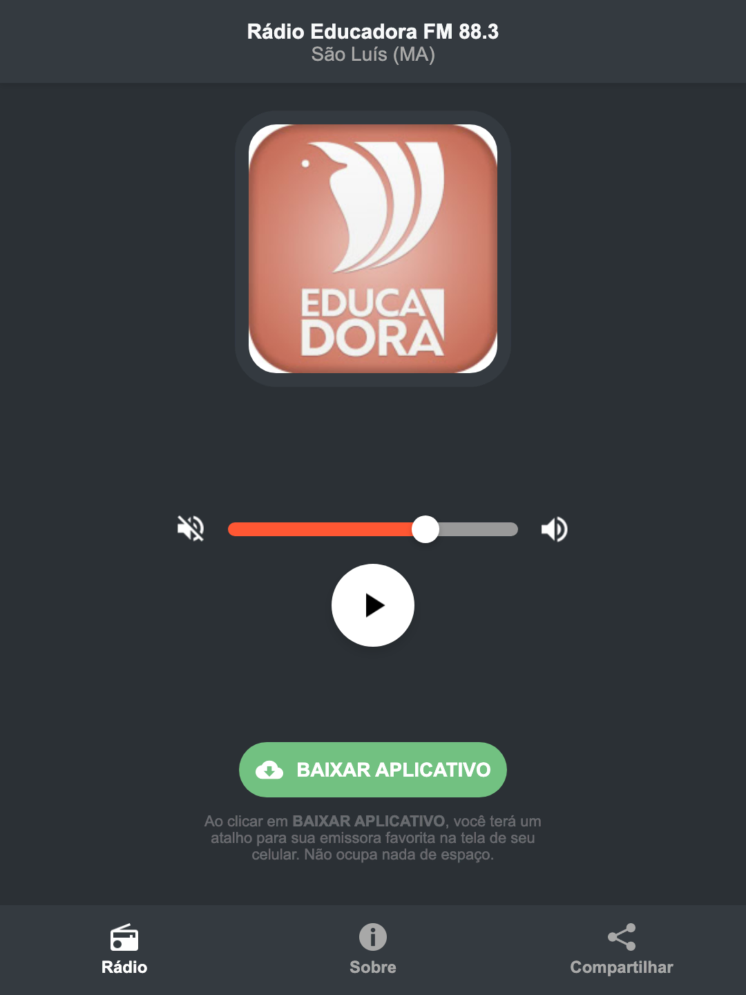 Screenshot do aplicativo da Rádio Educadora FM 88.3