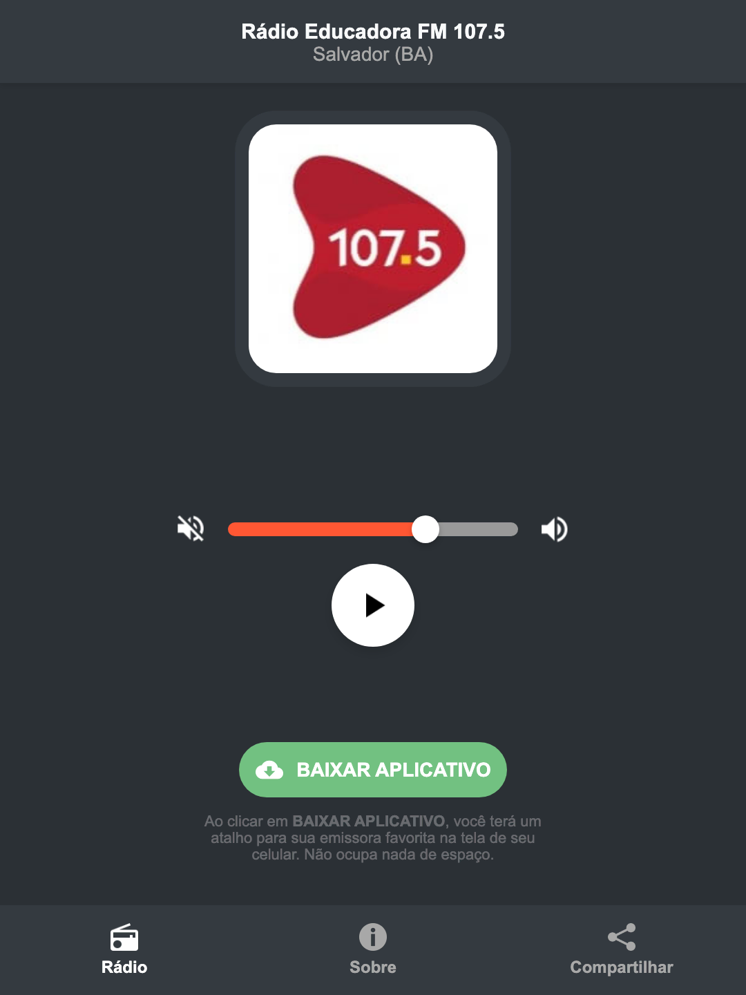 Screenshot do aplicativo da Rádio Educadora FM 107.5