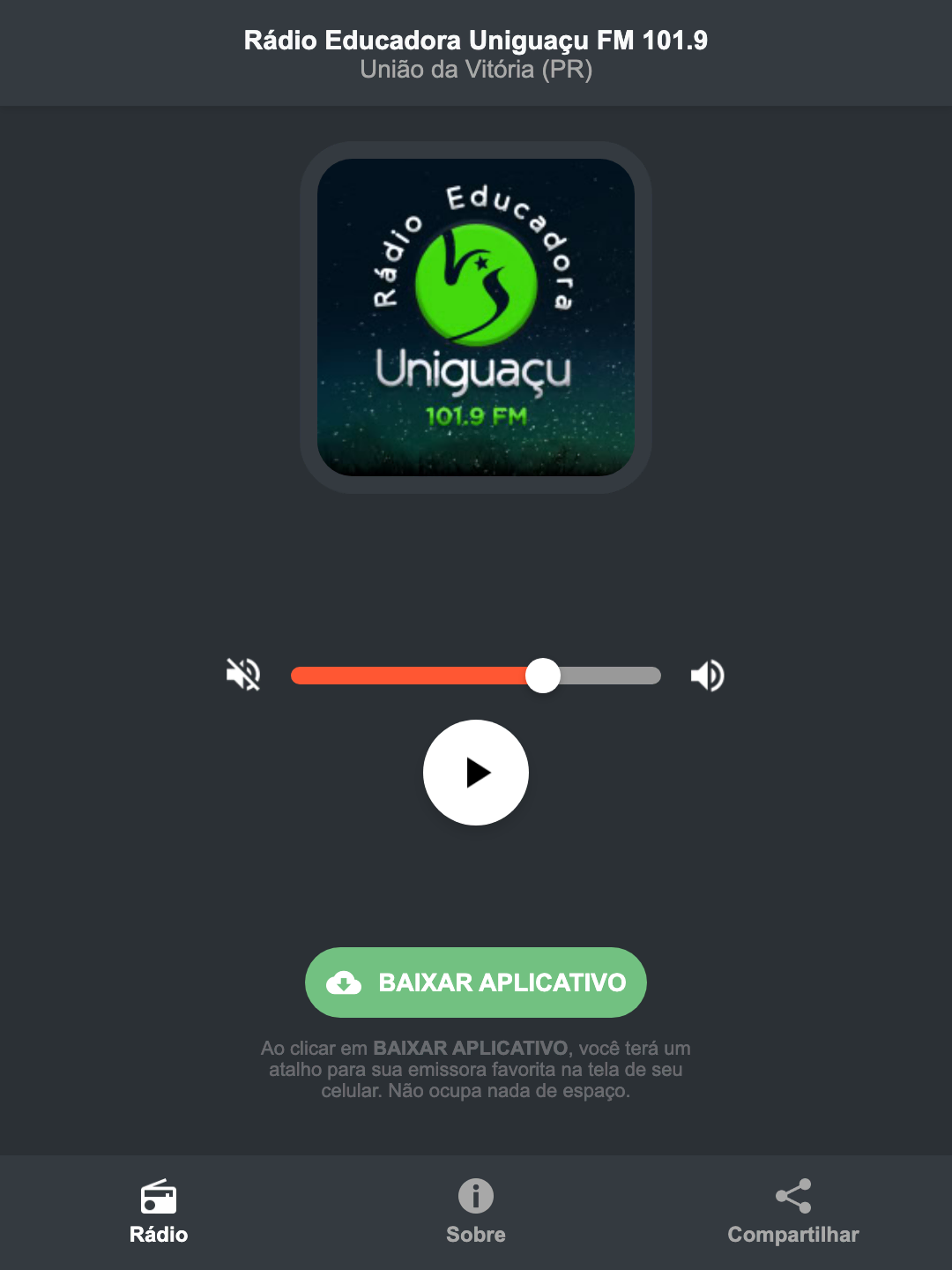 Screenshot do aplicativo da Rádio Educadora Uniguaçu FM 101.9