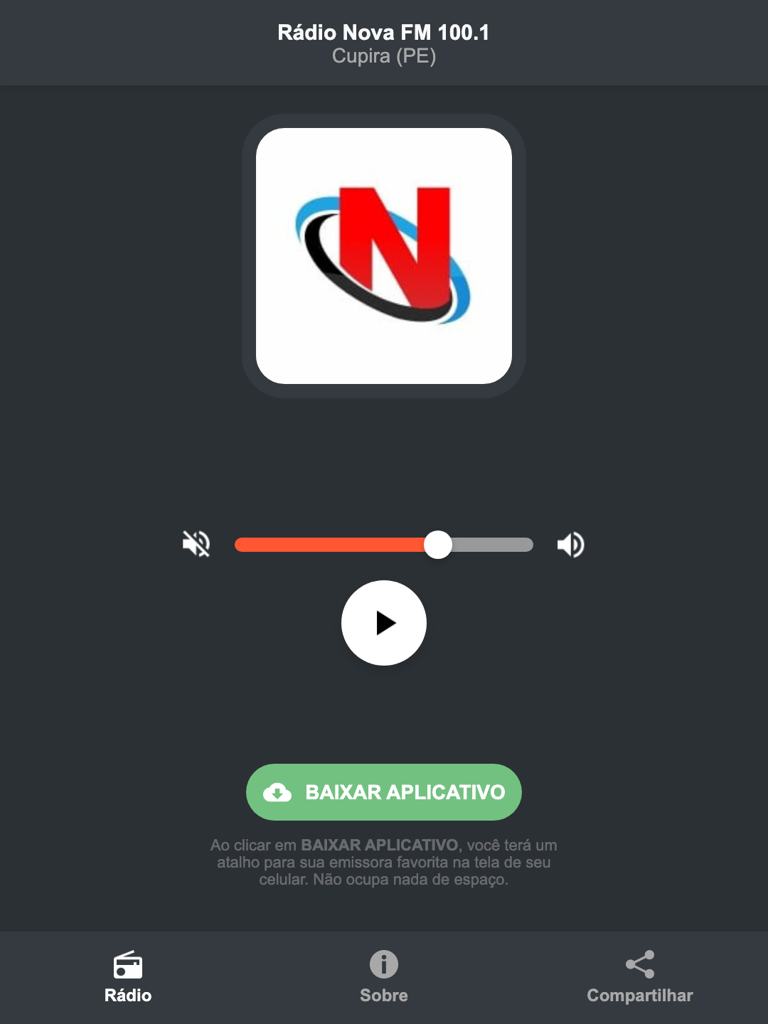 Screenshot do aplicativo da Rádio Nova FM 100.1