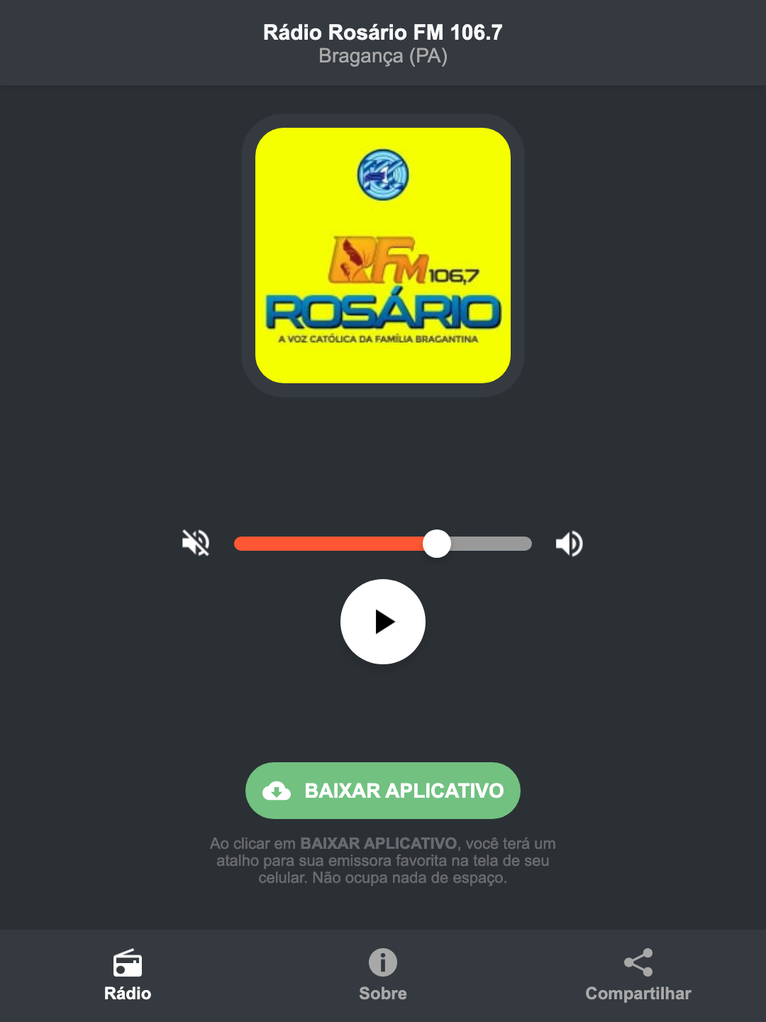 Screenshot do aplicativo da Rádio Rosário FM 106.7