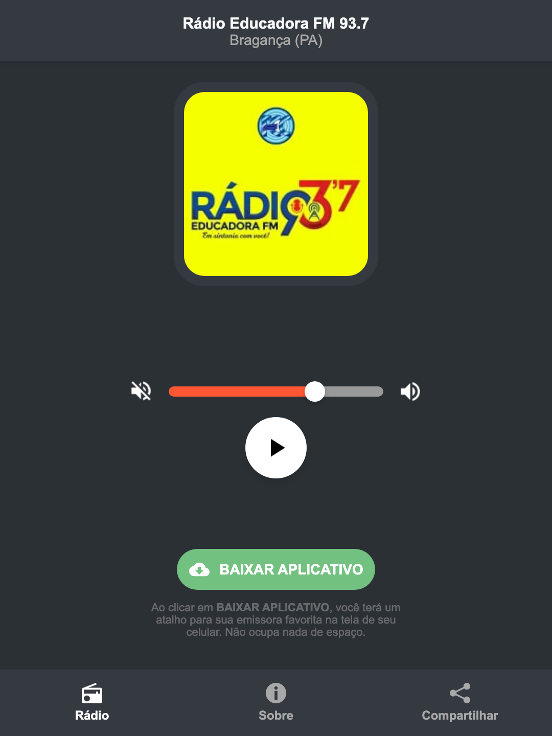 Screenshot do aplicativo da Rádio Educadora FM 93.7