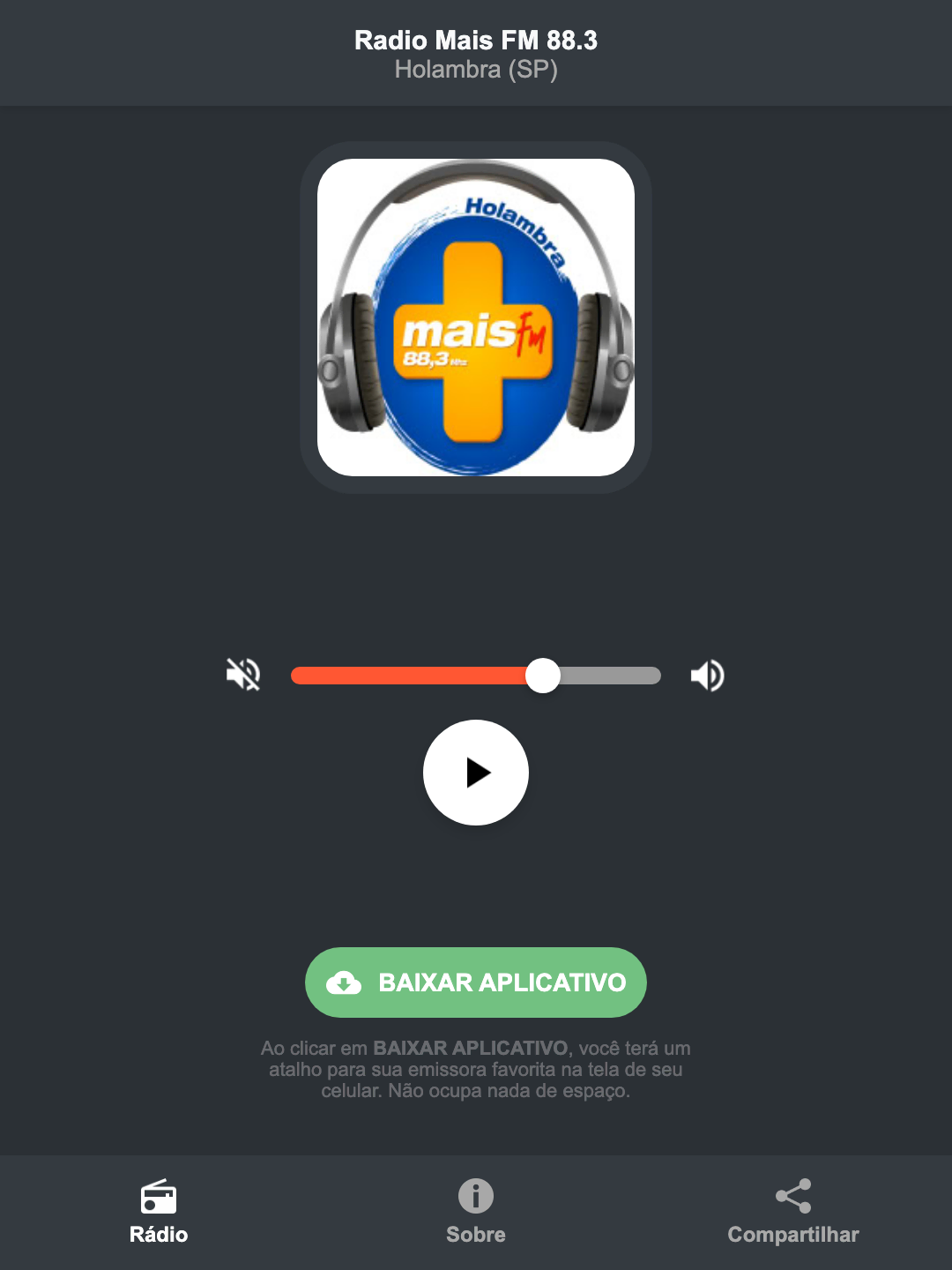 Screenshot do aplicativo da Radio Mais FM 88.3