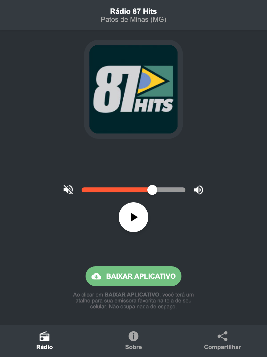 Screenshot do aplicativo da Rádio 87 Hits