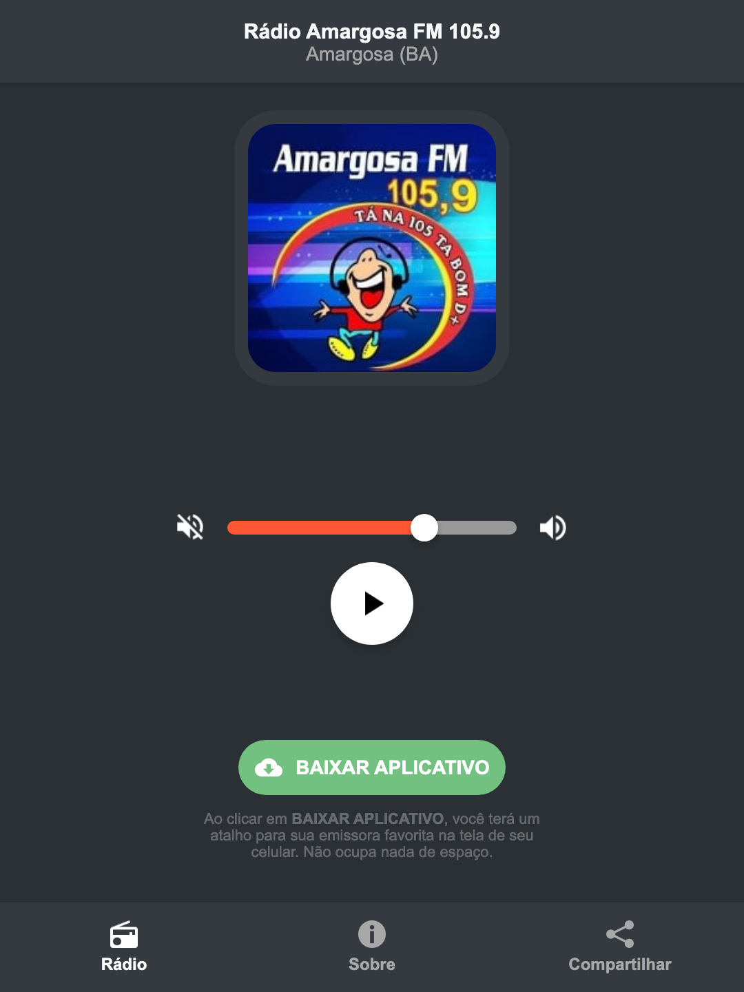 Screenshot do aplicativo da Rádio Amargosa FM 105.9