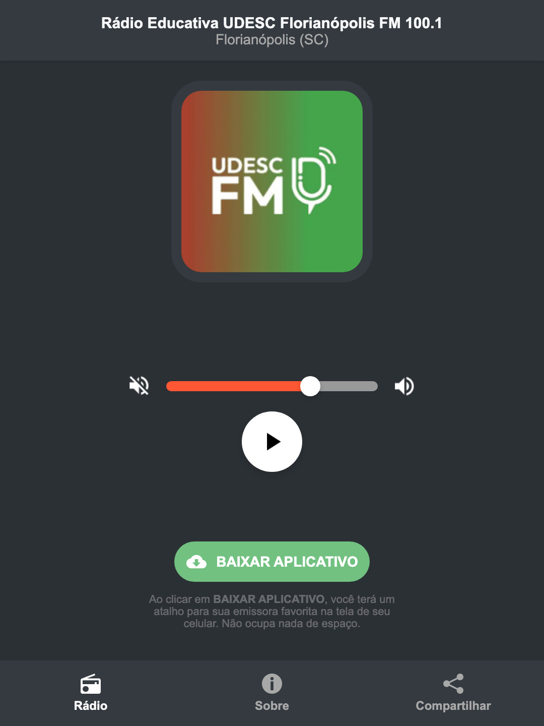 Screenshot do aplicativo da Rádio Educativa UDESC Florianópolis FM 100.1