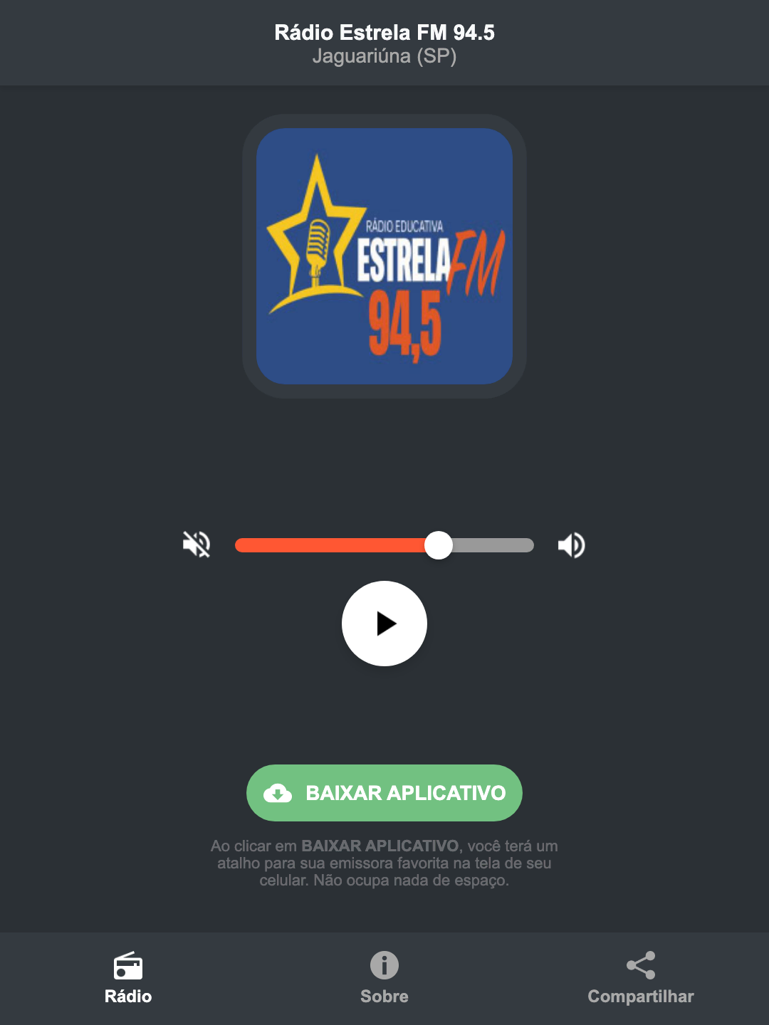 Screenshot do aplicativo da Rádio Estrela FM 94.5