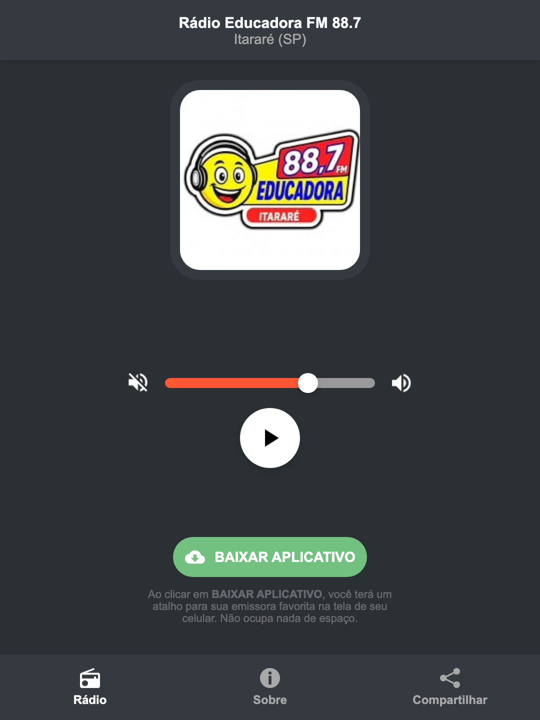 Screenshot do aplicativo da Rádio Educadora FM 88.7