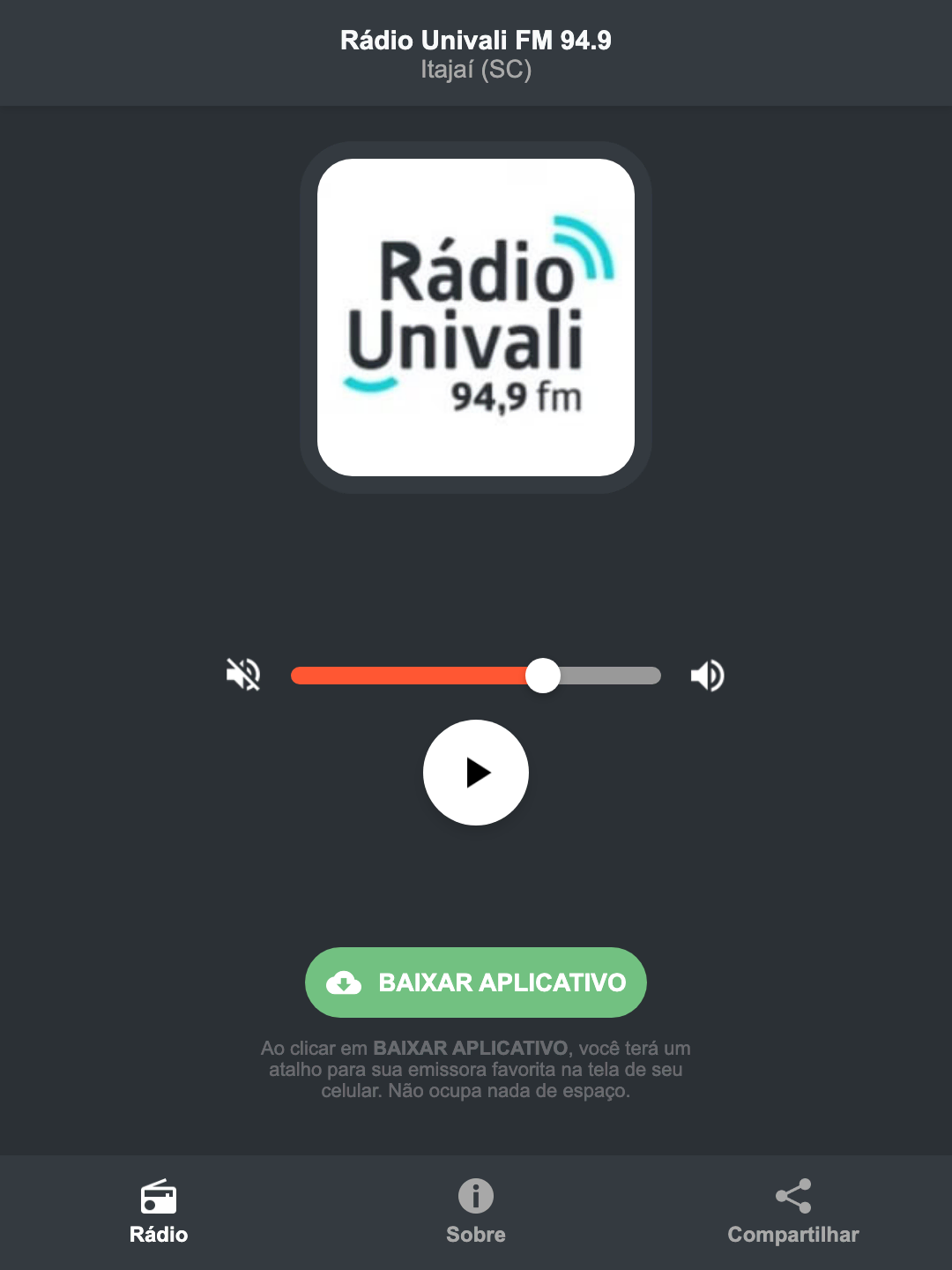 Screenshot do aplicativo da Rádio Univali FM 94.9