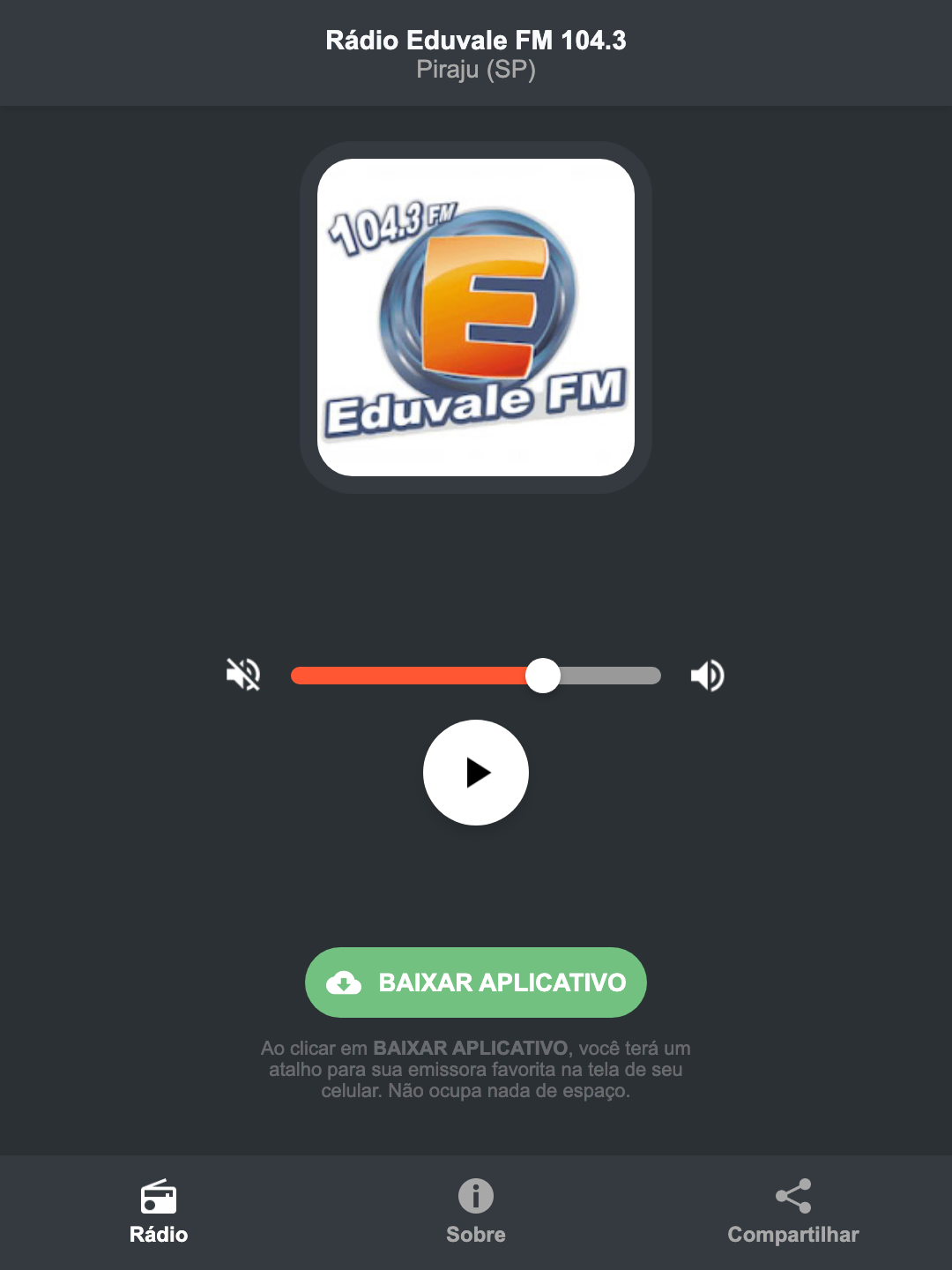 Screenshot do aplicativo da Rádio Eduvale FM 104.3