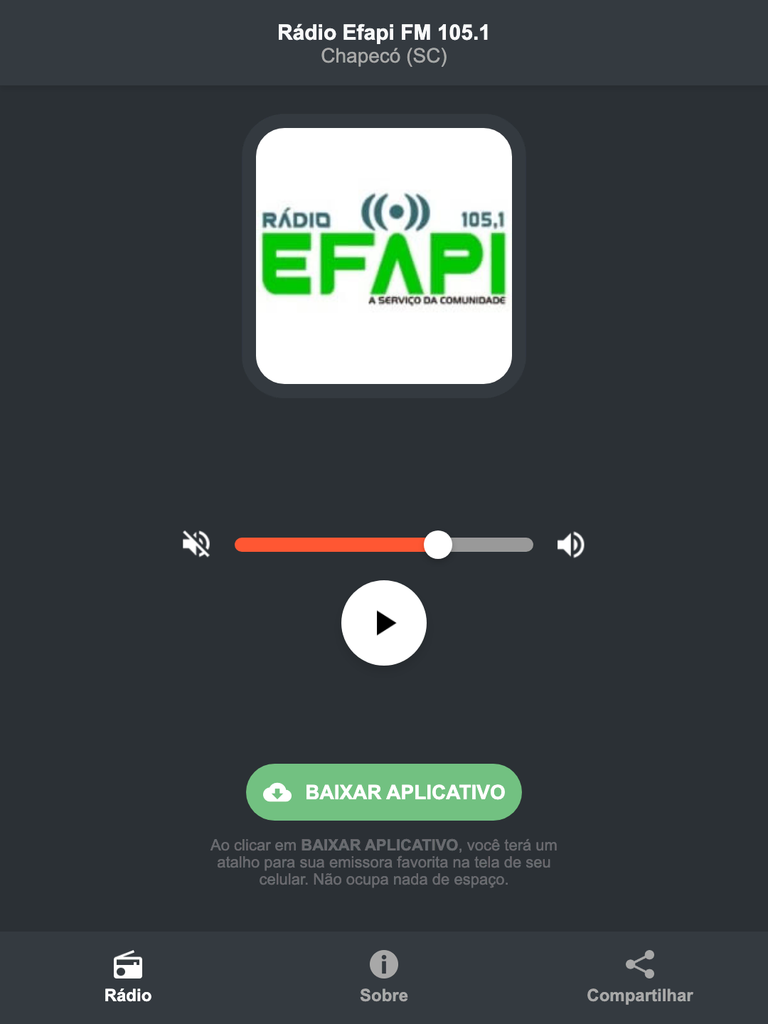 Screenshot do aplicativo da Rádio Efapi FM 105.1