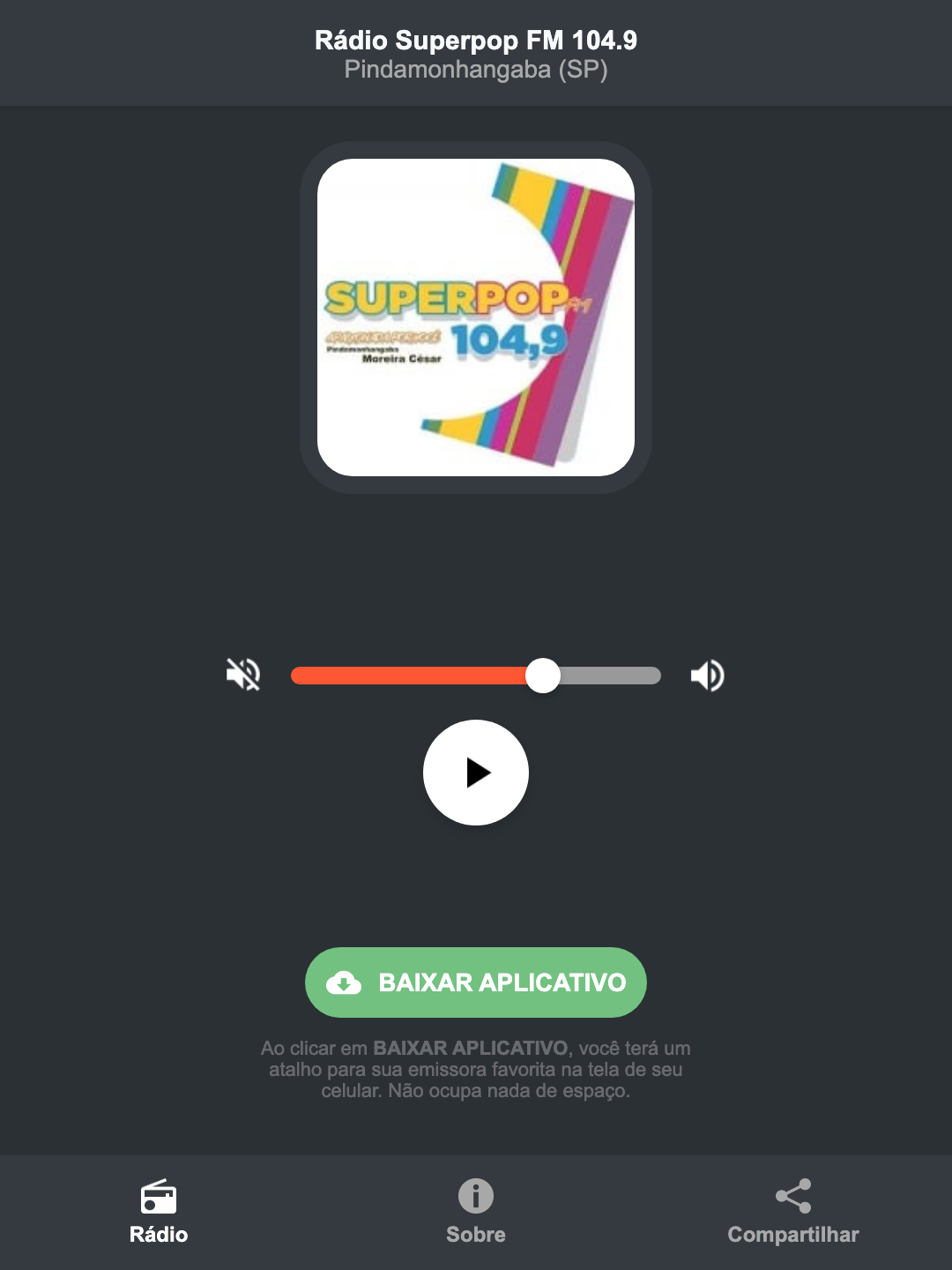 Screenshot do aplicativo da Rádio Superpop FM 104.9