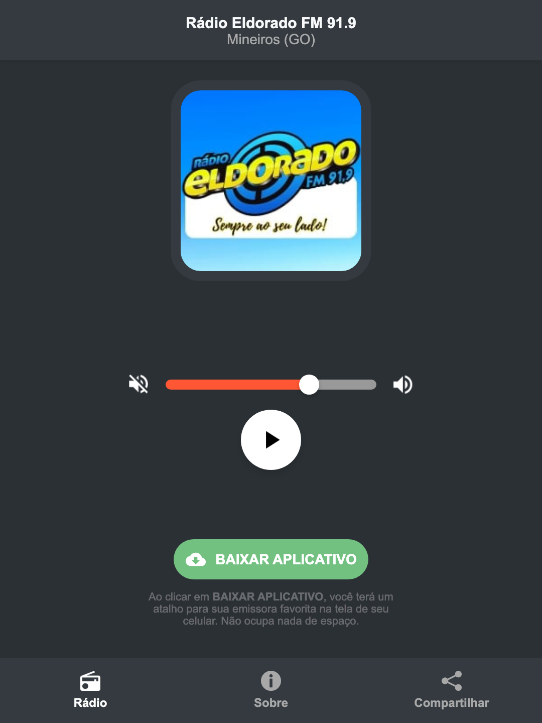 Screenshot do aplicativo da Rádio Eldorado FM 91.9