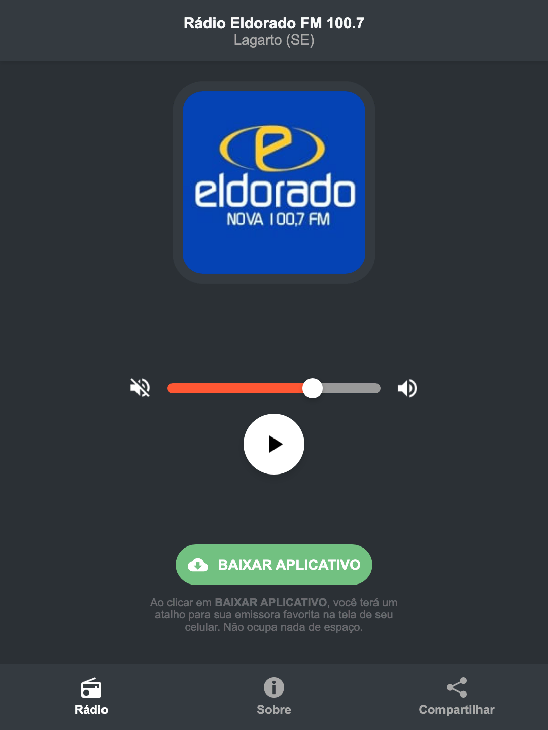 Screenshot do aplicativo da Rádio Eldorado FM 100.7